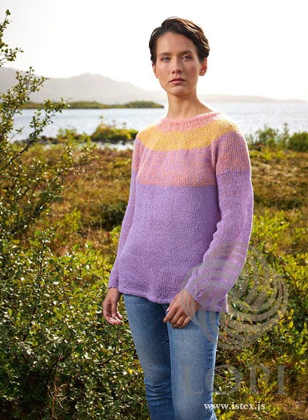 Himinn og haf Einband yoke sweater in the lilac colourway — lavender body with a peach and yellow yoke