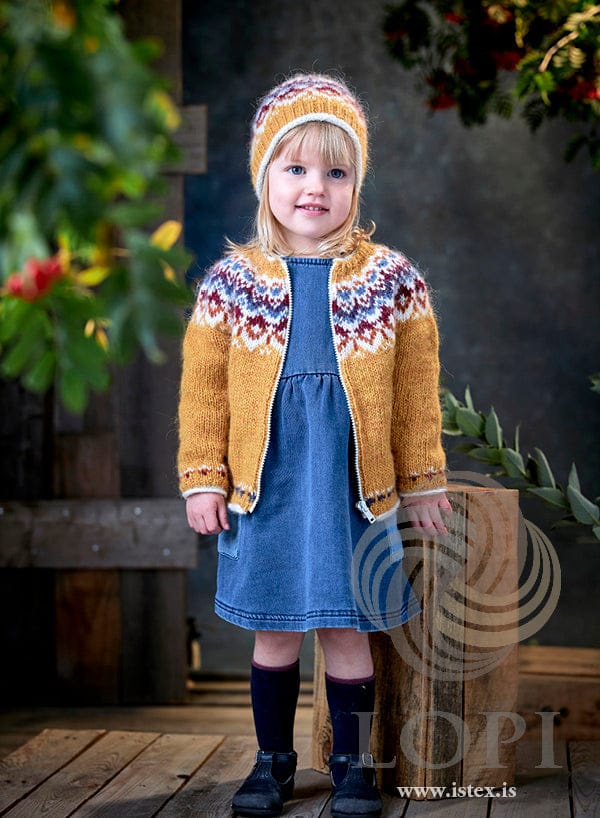 Systur og bræður children’s zip cardigan in mimosa yellow Léttlopi with a colourful yoke, shown with the matching hat