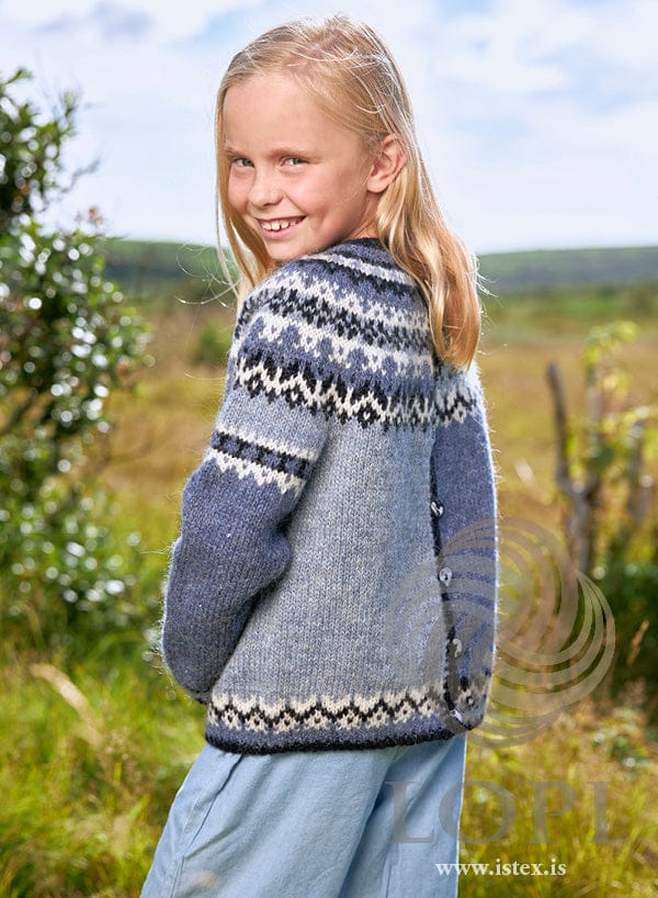 Back of the Samstaða cardigan, with the two blues and the button opening below the yoke