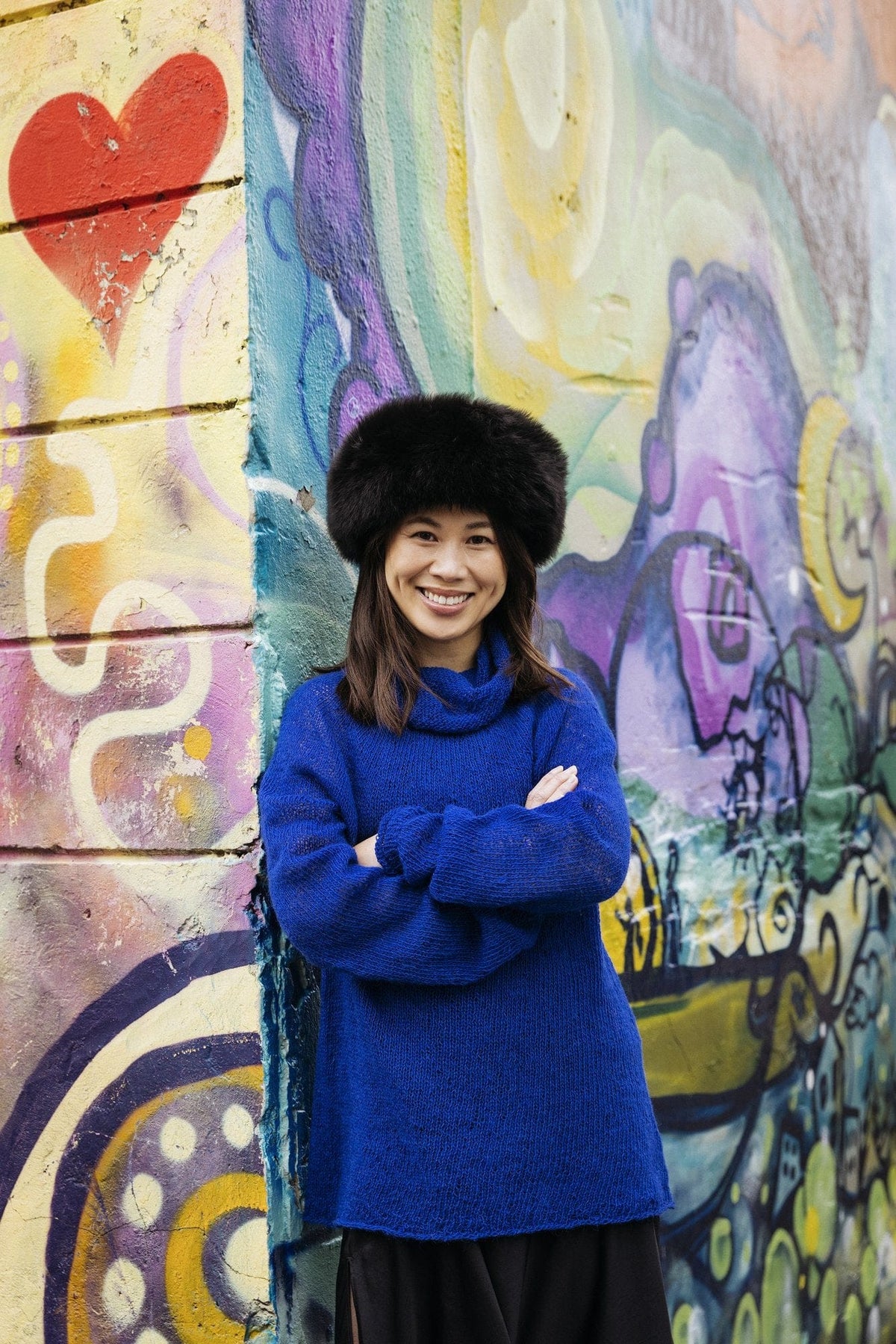 Ferð sweater knitted top-down in royal blue Einband with a tall collar