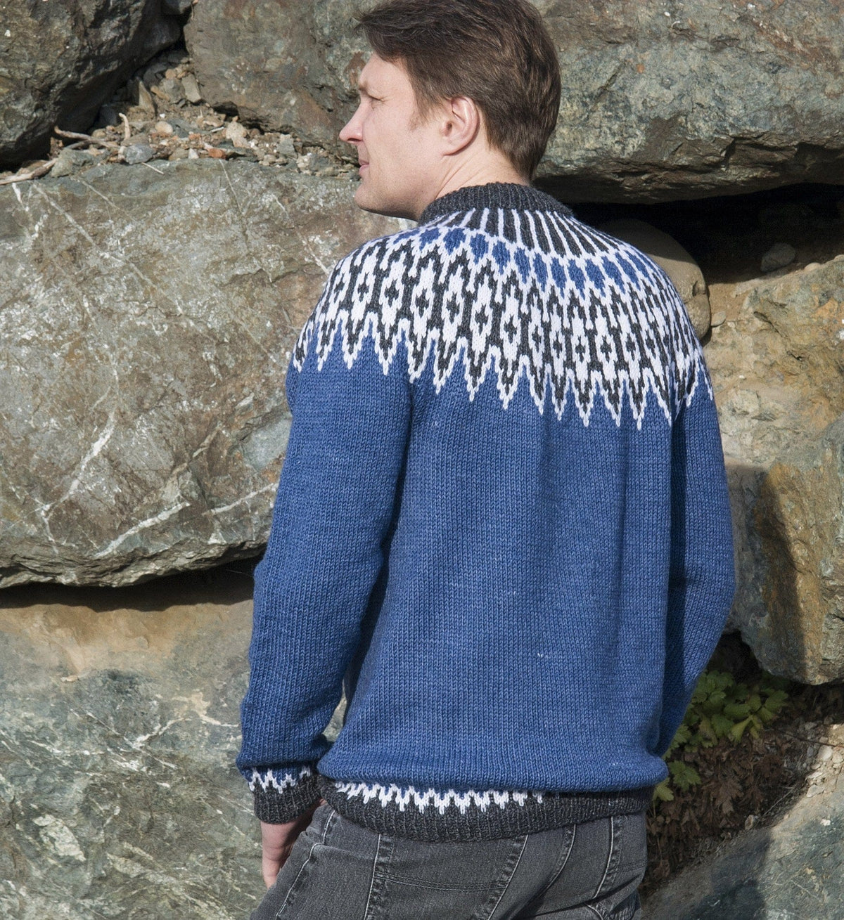 Back view of the blue Odin Lopapeysa — the yoke pattern runs all the way round
