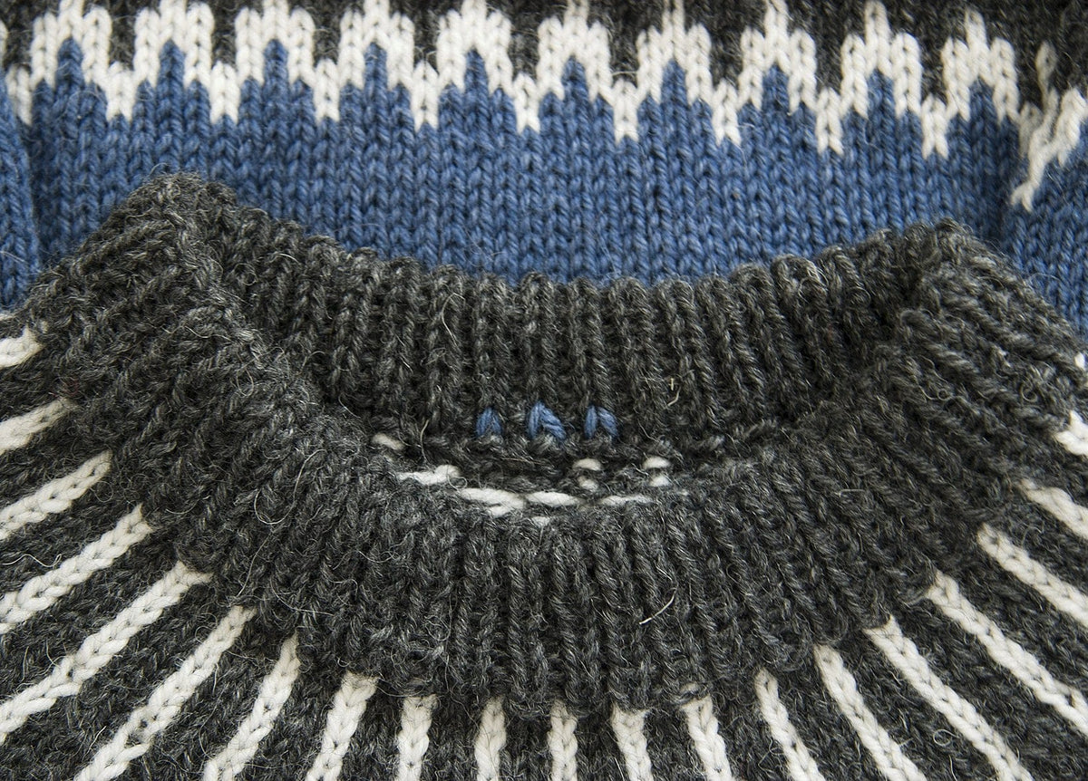 The doubled black heather k1, p1 neckband of the Odin Lopapeysa seen from above