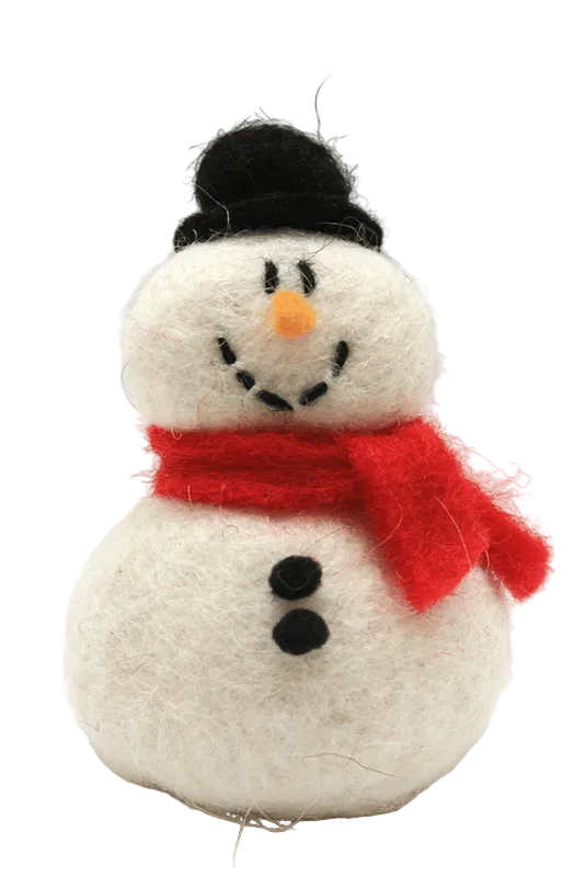Small snowman ornament with a red scarf, black buttons, and a black top hat on a white background