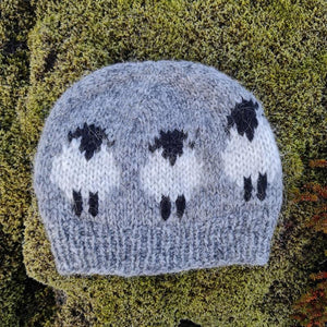 Handknit Wool Hat - Grey / White Sheep