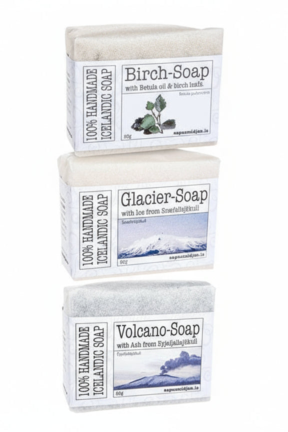 Handmade Icelandic soap bars. Volcano, Glacier and Birch soap