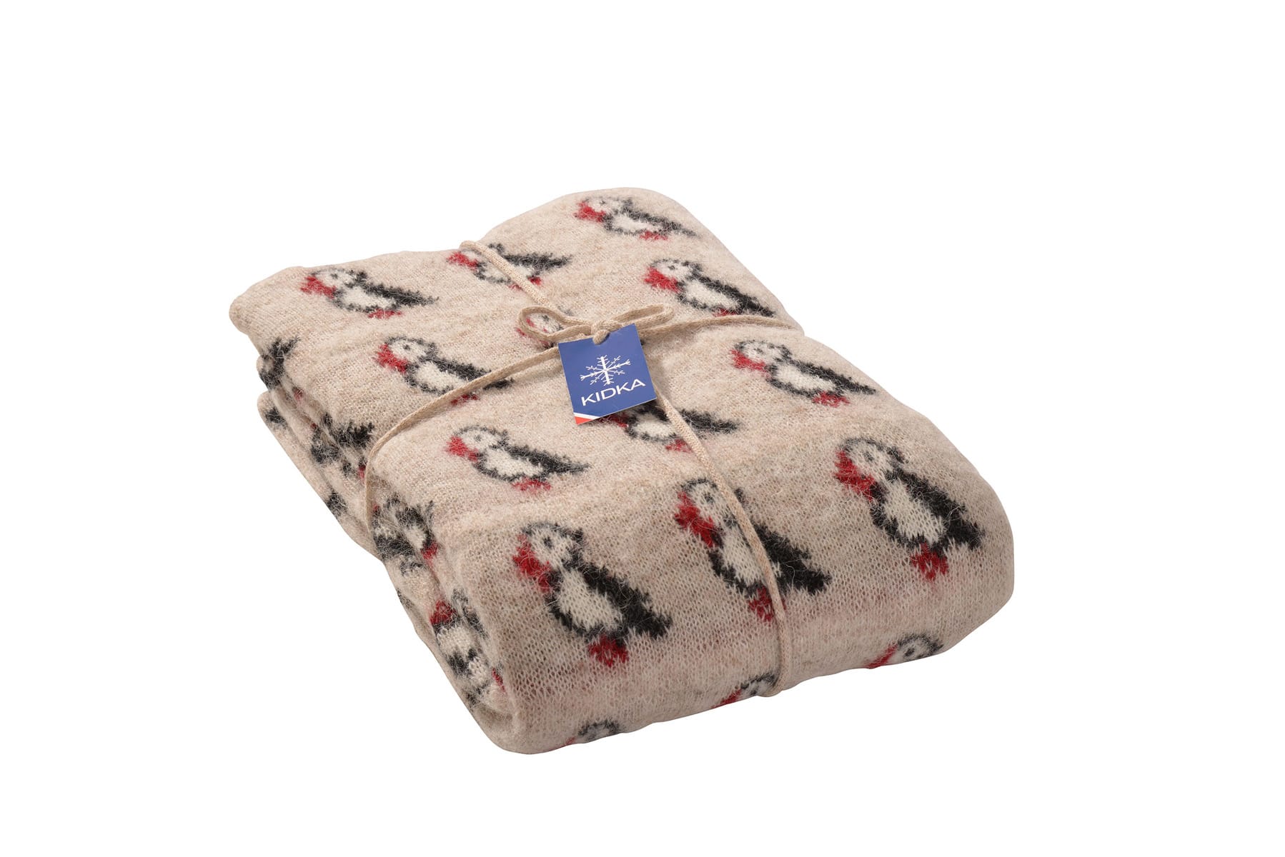 Wool blanket with puffin pattern from Iceland. Perfect gift for bird lovers.
