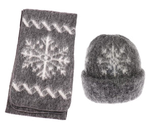Brushed Wool Hat and Scarf - Grey / White Snowflake