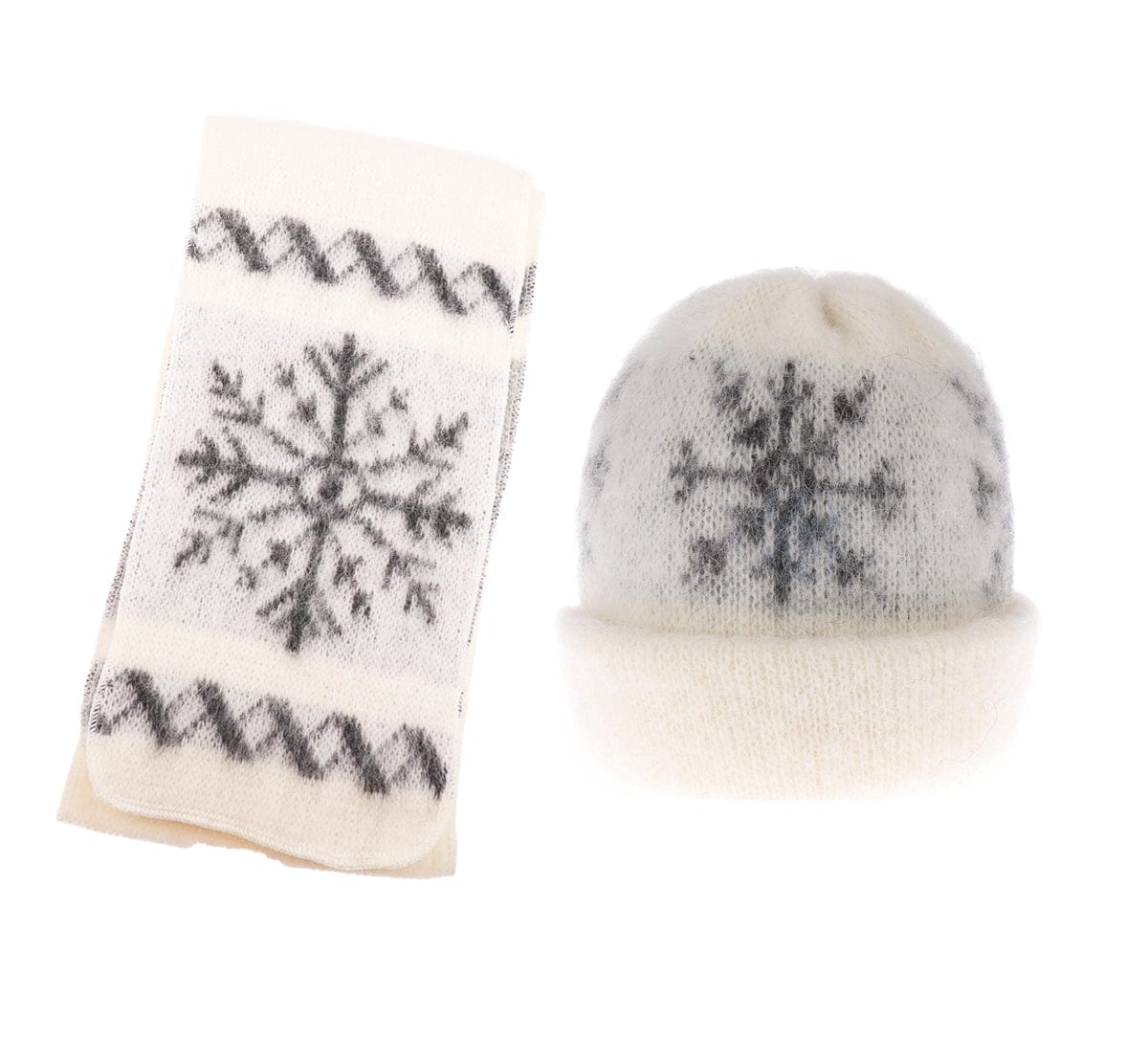 Knitted woolen beanie and scarf with snowflake. Iceland design
