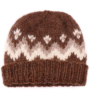 Handknit Wool Hat - Brown / White