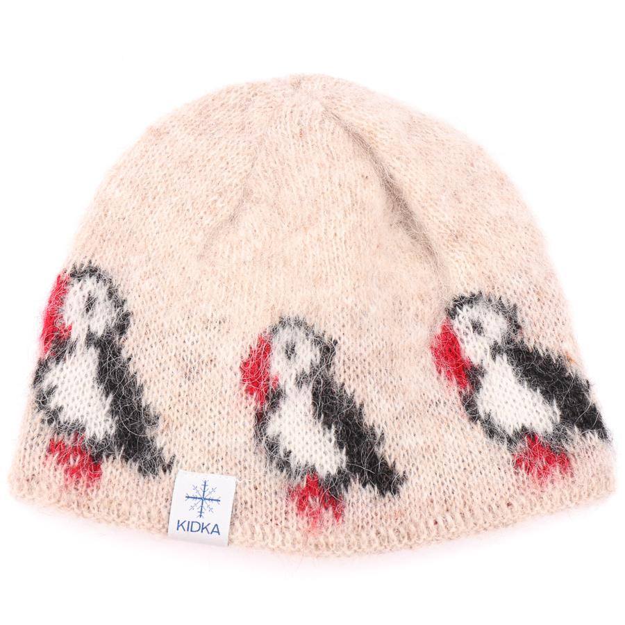 Knitted beige woolen beanie with puffin. Iceland design