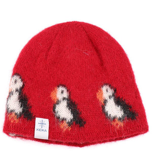 Kidka wool red hat and blue scarf with puffin pattern
