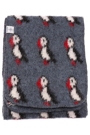 Kidka wool red hat and blue scarf with puffin pattern