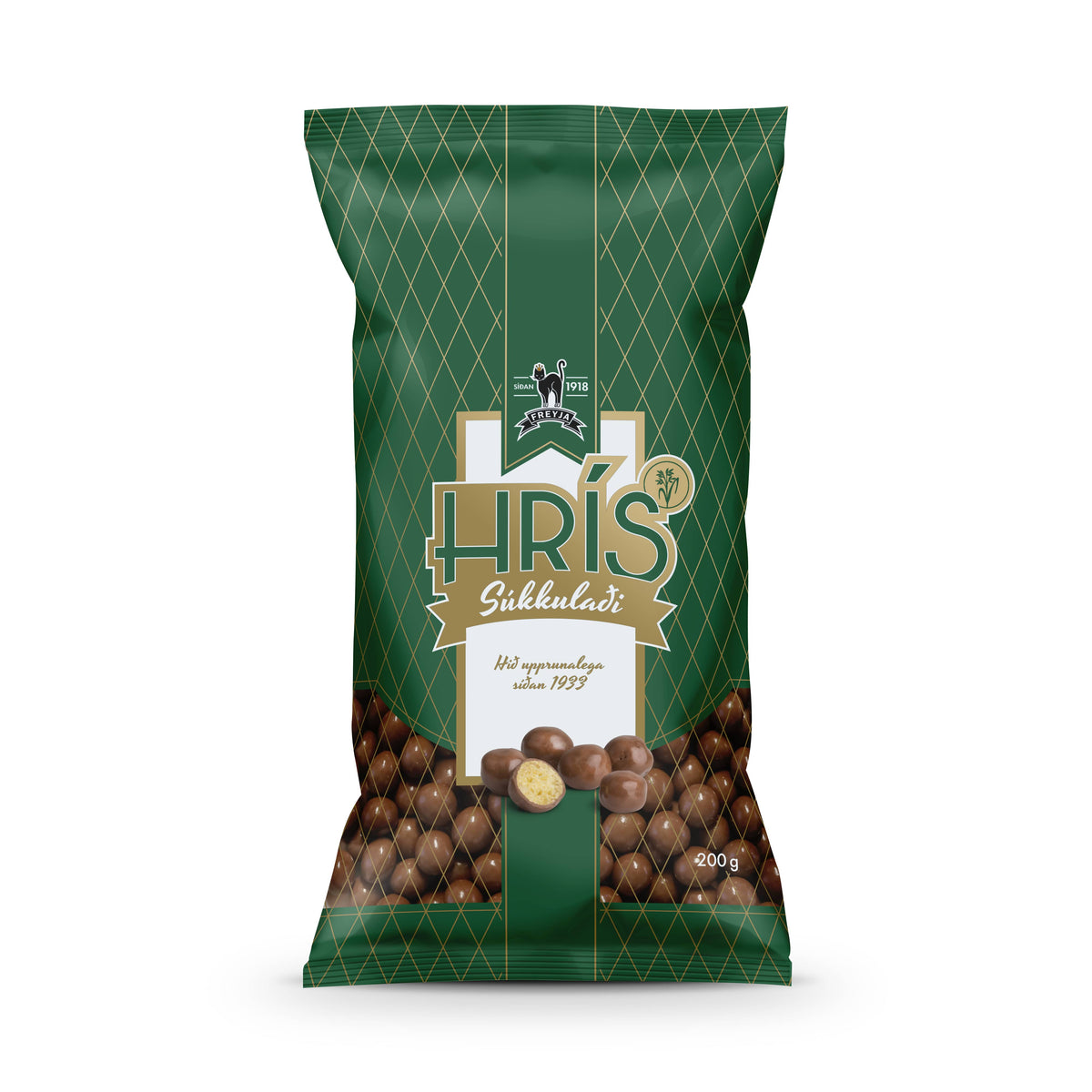 Freyja Hrís 200 g bag, crisp cereal balls coated in milk chocolate