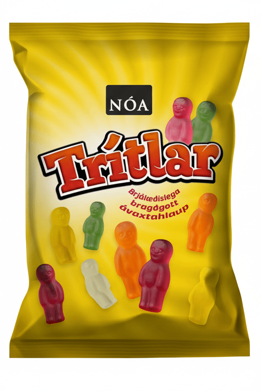 Yellow package of Nö Øö Trétlar gummy candy with colorful figures on a white background