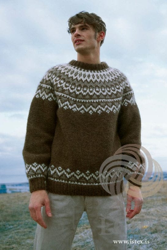 A young man standing outdoors under a cloudy sky in the Lopi 18 No. 35 pullover, in the pattern’s original colours — acorn brown body and sleeves, a round yoke of white zigzags, rounded shapes and small diamonds with oatmeal bands, the same white and oatmeal border above the ribbed hem and cuffs, and a brown ribbed neckband. The light beige trousers are not part of the pattern