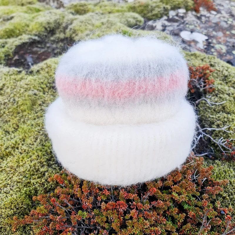 Brushed Wool Mittens - White with pink and grey stipes - The Icelandic Store