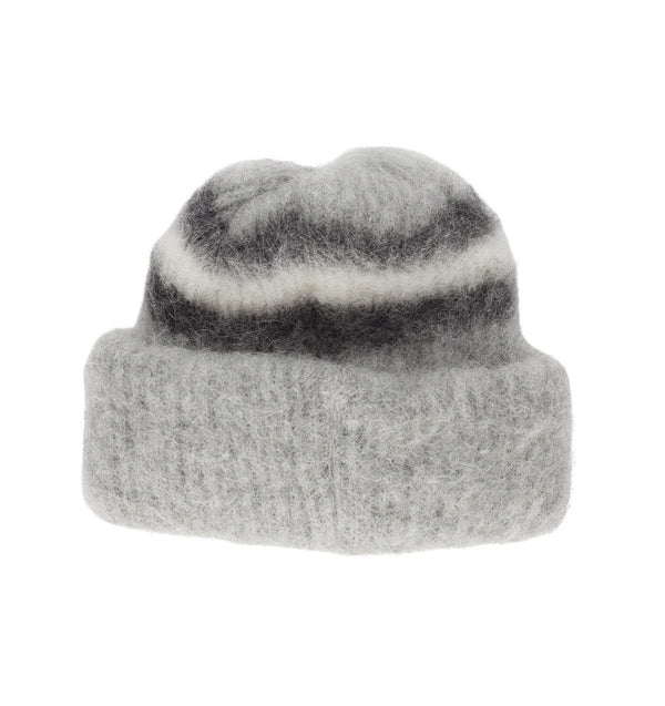 Brushed Light Grey Wool Beanie Hat with White and Black stripes