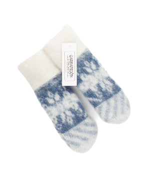 Brushed wool mittens 8-petalled rose pattern - White / Blue