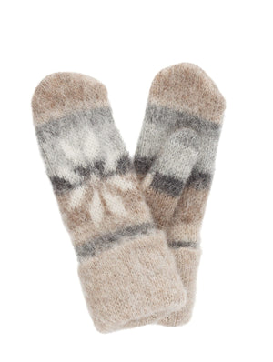 Brushed wool mittens 8-petalled rose pattern - White / Beige / Grey