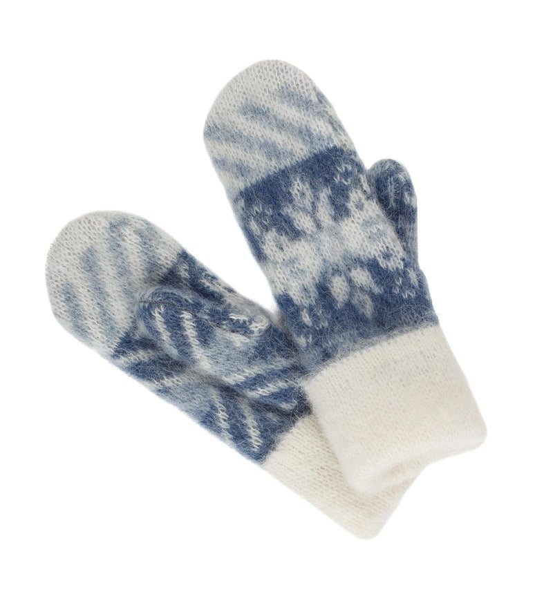 Brushed wool mittens 8-petalled rose pattern - White / Blue - The Icelandic Store