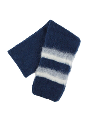 Brushed Wool Scarf - Navy Blue with white and grey stripes