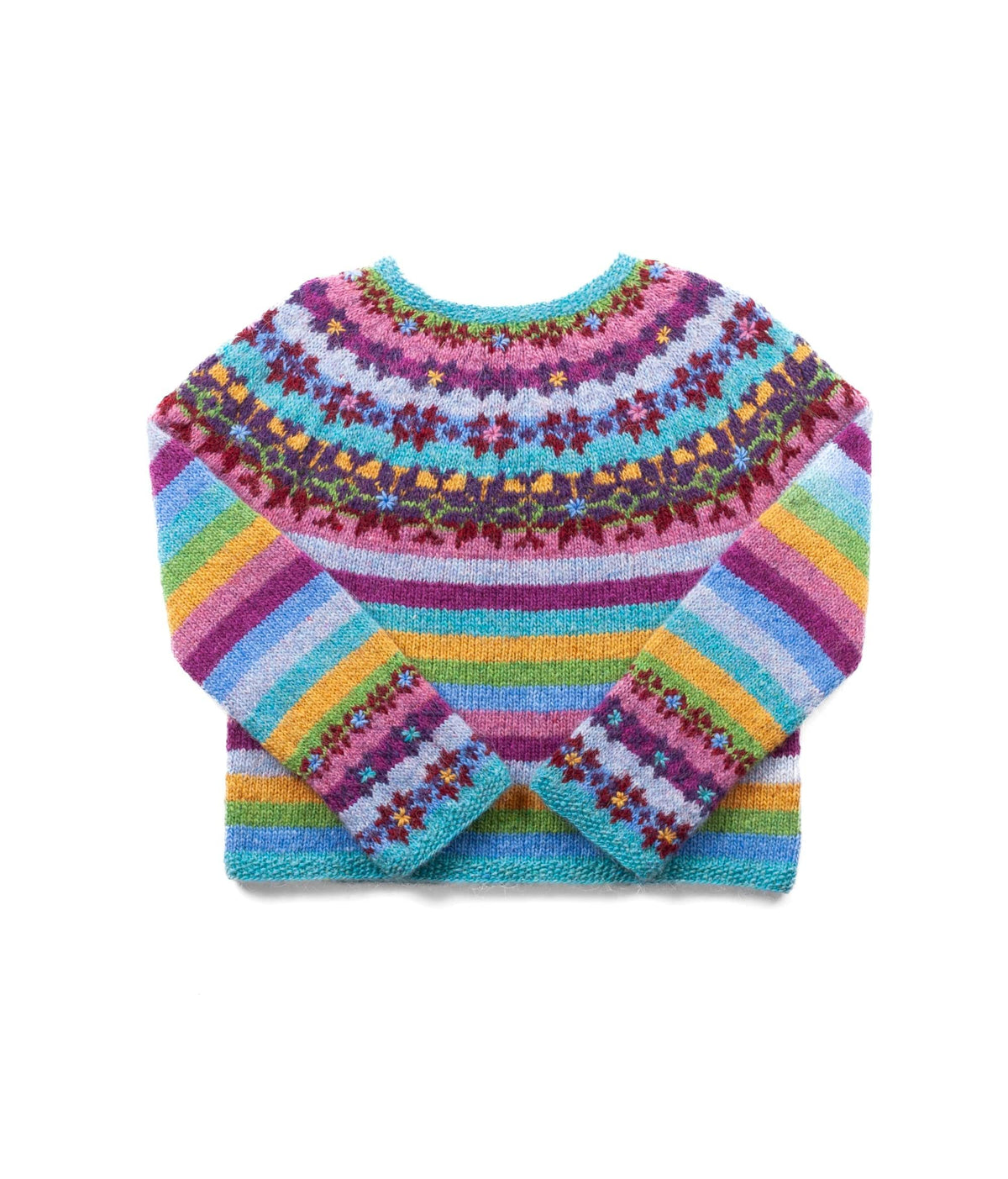 Fjör laid flat on a white background with the sleeves folded in front — the stripes, the yoke of roses and the cuff borders with small sewn-in flowers. Not the pattern’s photo colours: by our reading it is knitted in our kit’s colours, with magenta, pale lavender and yellow (royal fuchsia, milkyway and mimosa) where the pattern has light red, lilac and sun yellow