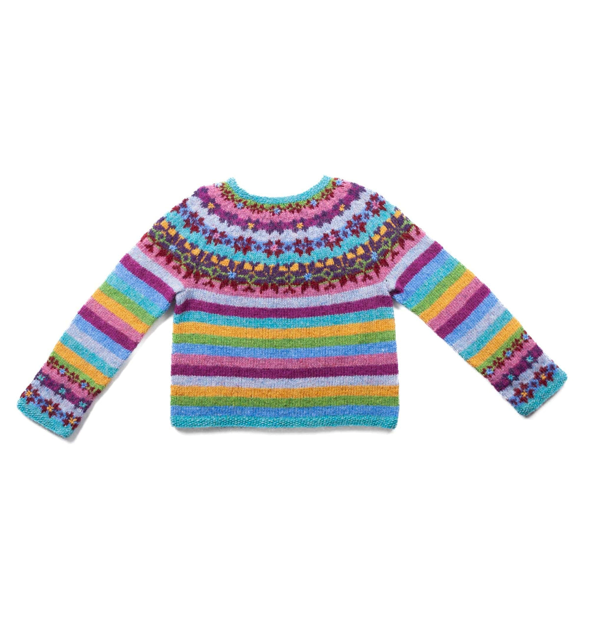 The same sweater laid flat with the sleeves spread out, showing the stripes on the body and sleeves, the yoke and the moss-stitch edges. It is in our kit’s colours by our reading, not the pattern’s photo colours