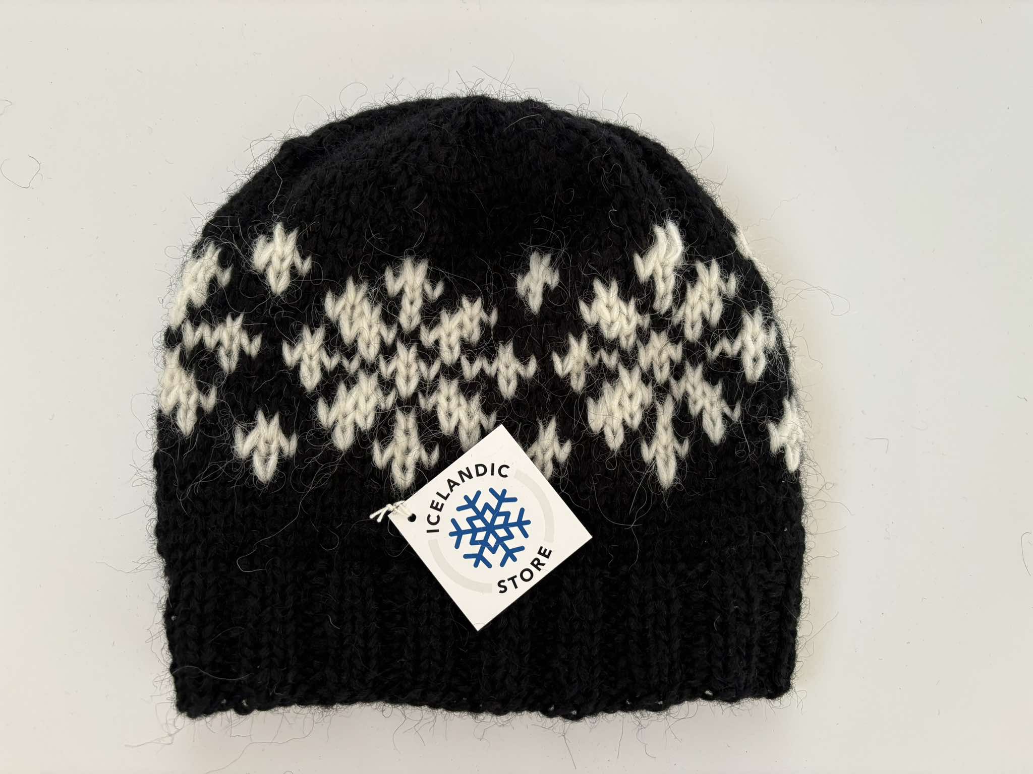 Handknit Wool Hat - Black / White Frostroses