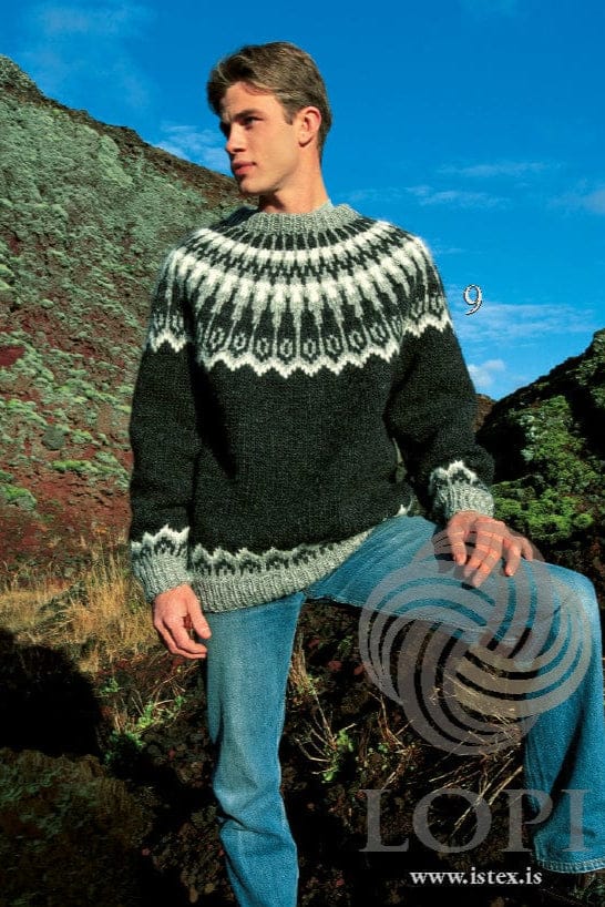 Young man with short brown hair, one foot raised, in front of a moss-covered slope under a blue sky, in Design 9 of this pattern, shown in its own colours — black heather with light gray rib at the hem, cuffs and neck, a yoke with a white zigzag edge, small grey motifs and long white and grey stripes towards the neck, and a matching border above the hem and cuffs. The photo is marked 9. The light top showing at the back of his neck and his jeans are not part of the pattern