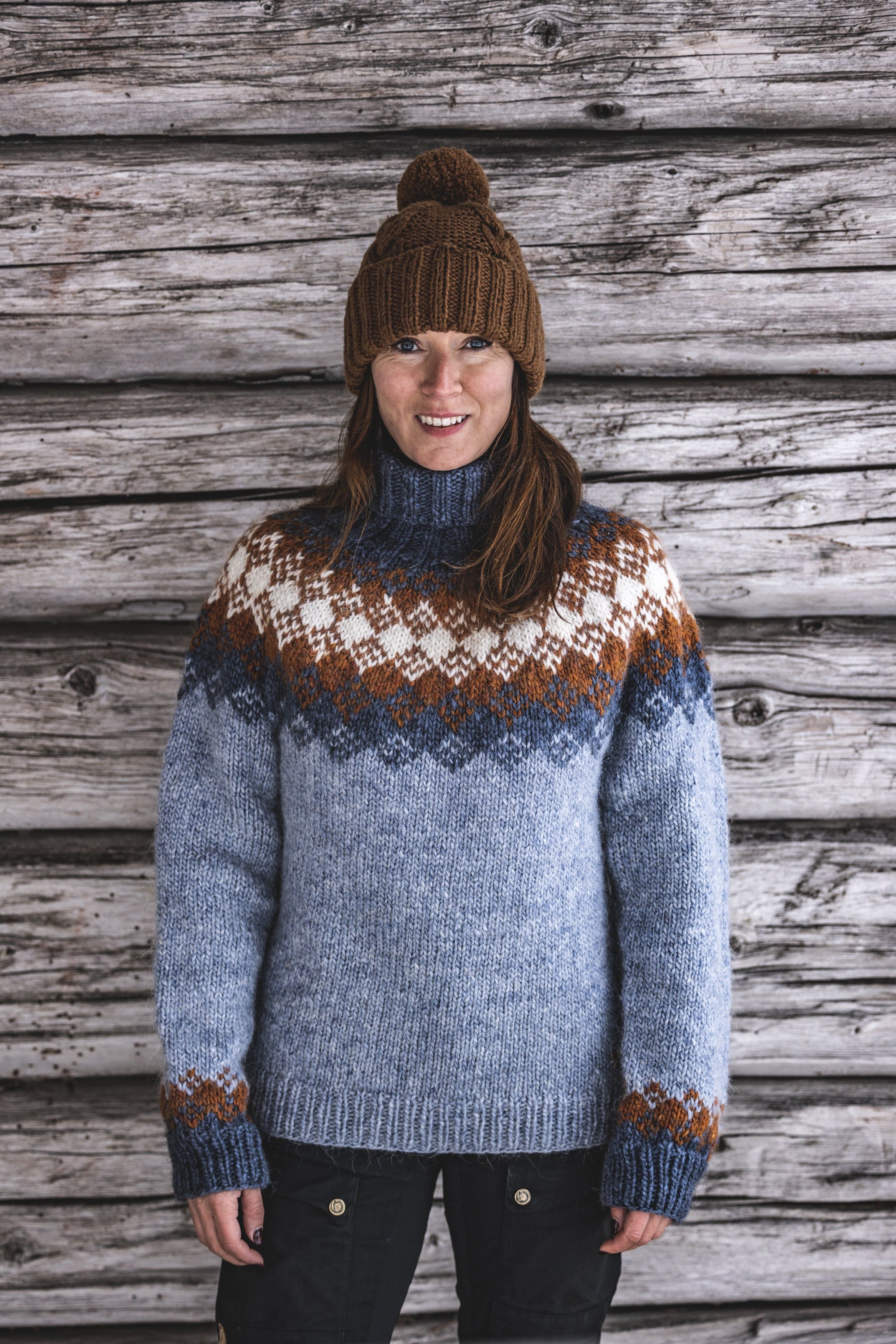 Rusty Brownish Orange Wool Sweater Kit Finnish Snowflake Pattern