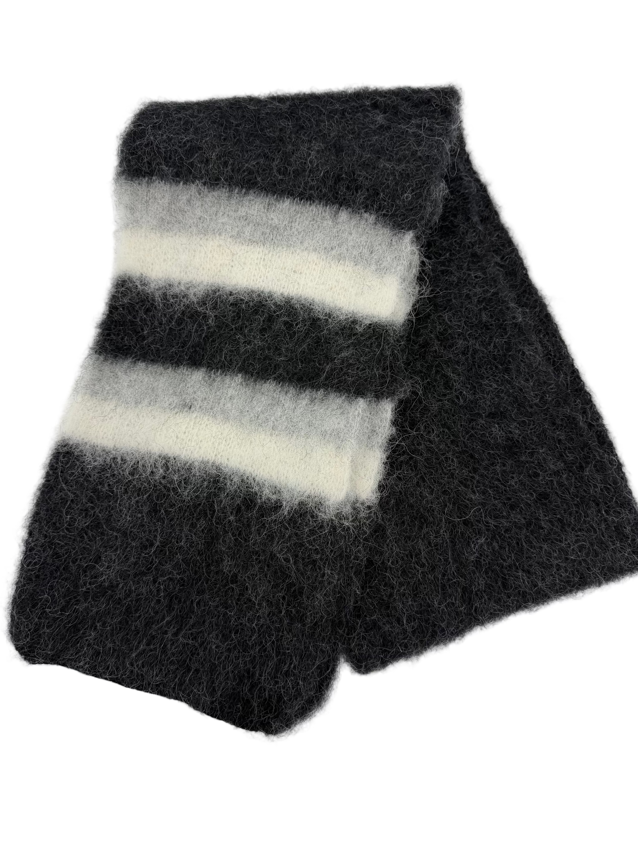 Brushed Charcoal Wool Scarf with white and grey stripes