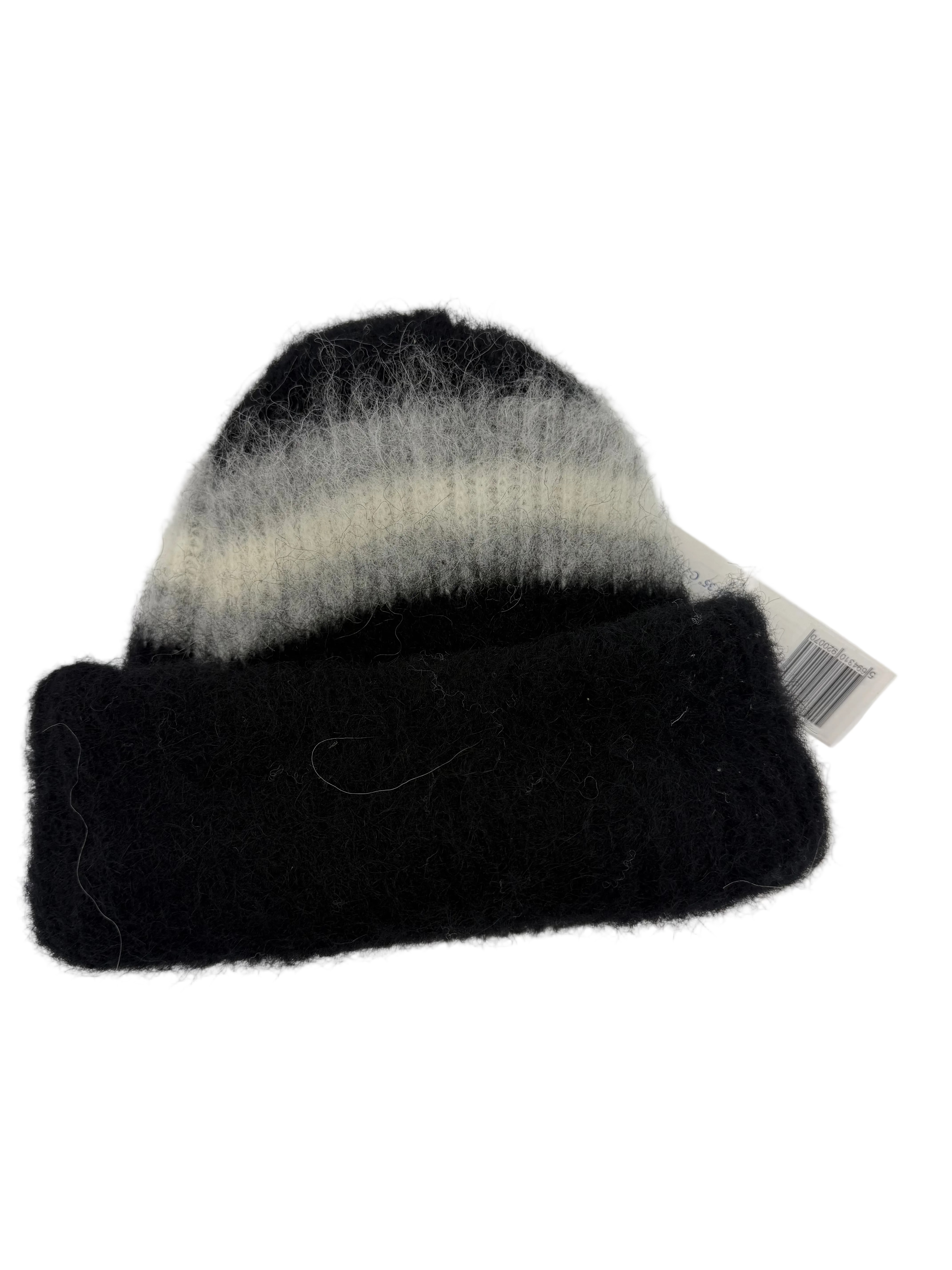 Brushed Charcoal Wool Hat- White and Grey stripes