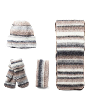Pack of 4 Fluffy Striped Beige Wool Mittens, scarf, hat & headband