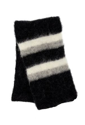 Brushed Icelandic Wool Mittens -  Black with Grey and White stripes