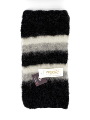Brushed Black Wool Scarf with white and grey stripes