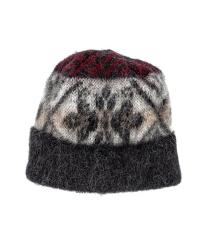 Brushed Icelandic Wool Mittens -  Black with Grey and red rose pattern
