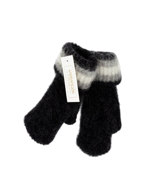 Brushed Icelandic Wool Mittens -  Black with Grey and White stripes