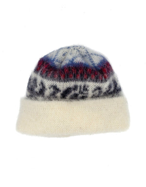 Pack of 4 White Fluffy Red, Blue and Black patterned Mittens, scarf, hat & headband