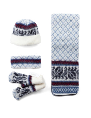 Pack of 4 White Fluffy Red, Blue and Black patterned Mittens, scarf, hat & headband