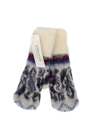 Brushed Icelandic Wool Mittens -  White with blue, black and red pattern