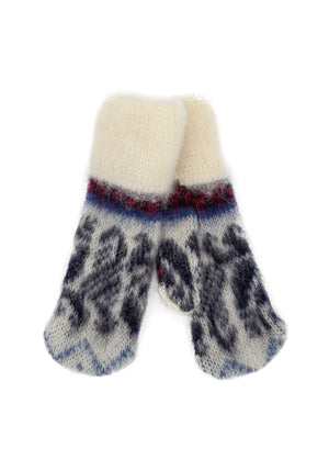 Brushed Icelandic Wool Mittens -  White with blue, black and red pattern