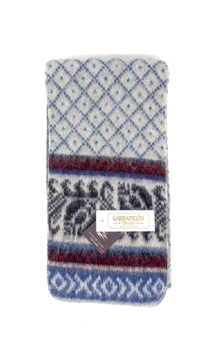 Brushed White Wool Scarf with black, red and blue pattern