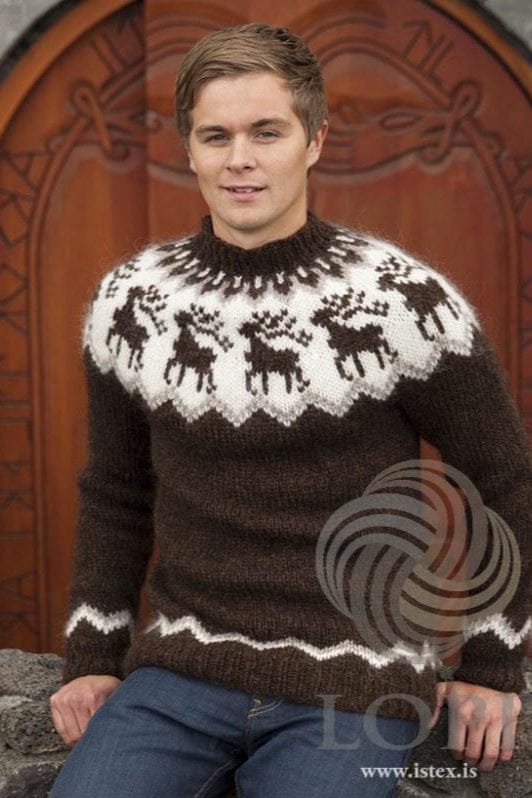 Young man in front of a carved wooden door in Austur, shown in the pattern’s own colours — a chocolate Álafosslopi sweater with a white round yoke of chocolate reindeer, a light beige and white zigzag at the lower edge of the yoke, a chocolate rib neckline, and white zigzag borders above the rib at the hem and cuffs. The blue jeans are not part of the pattern