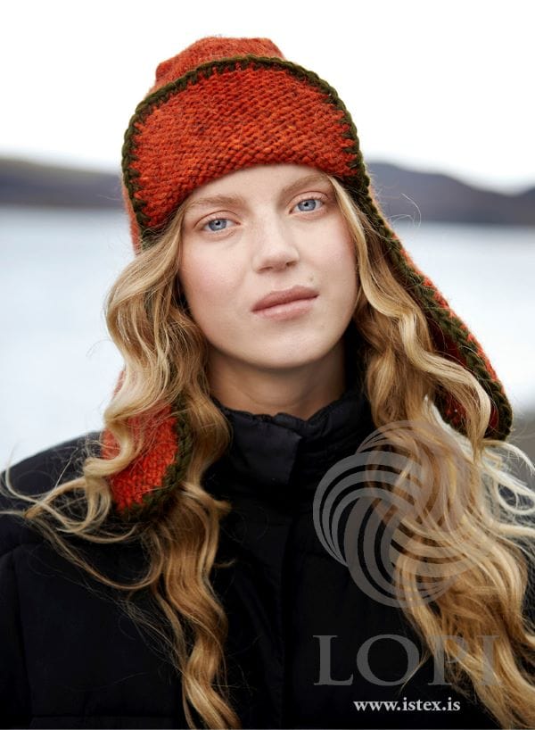 Eyrnastór - Orange wool hat with ear covers - Knitting Kit - The Icelandic Store