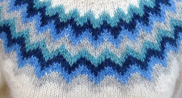 Close-up of the Vormorgun yoke, in the pattern’s own colours — zigzag stripes of ash, heaven blue, lapis blue and glacier blue between the white body and the white upper yoke