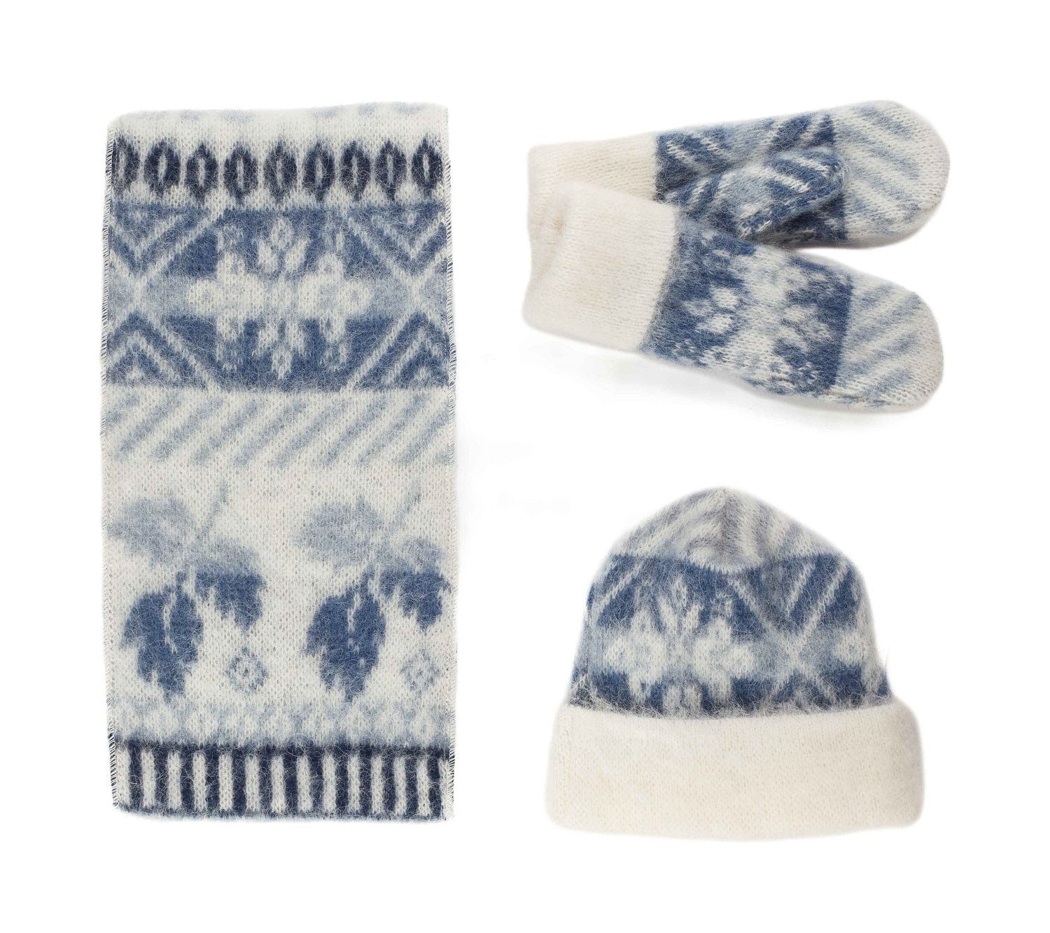 Brushed wool hat, scarf and mittens with 8 Leaf Rose pattern - The Icelandic Store