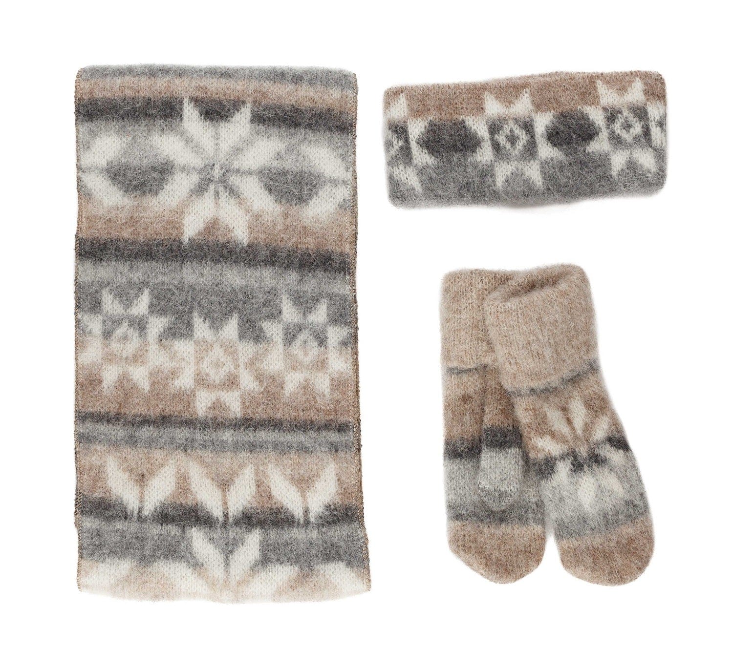 Brushed wool headband, scarf and mittens with 8 Petalled Rose pattern - The Icelandic Store