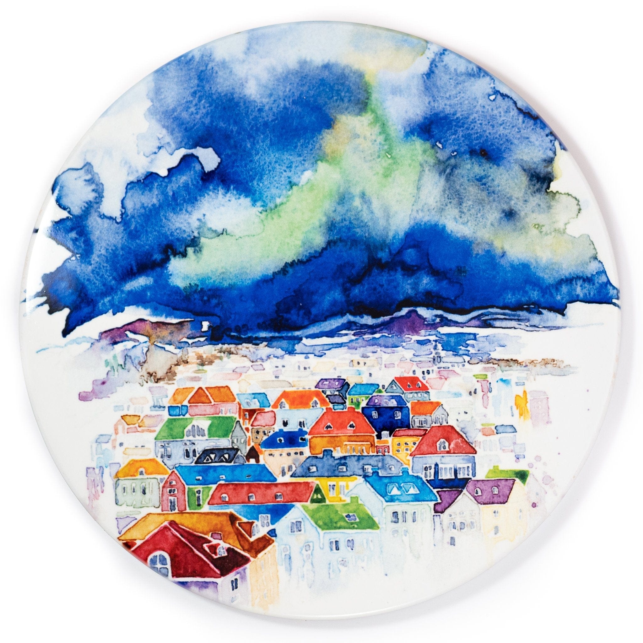 Dances in the Darkness ceramic trivet — watercolour northern lights over Reykjavík, glazed ceramic, cork base, 200 mm diameter (ICD)