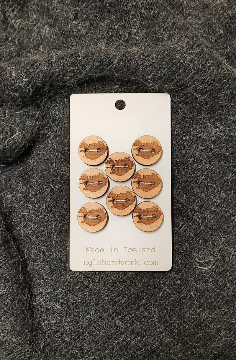 Laser Engraved Wooden buttons. Map outline of Iceland. Icelandic theme design