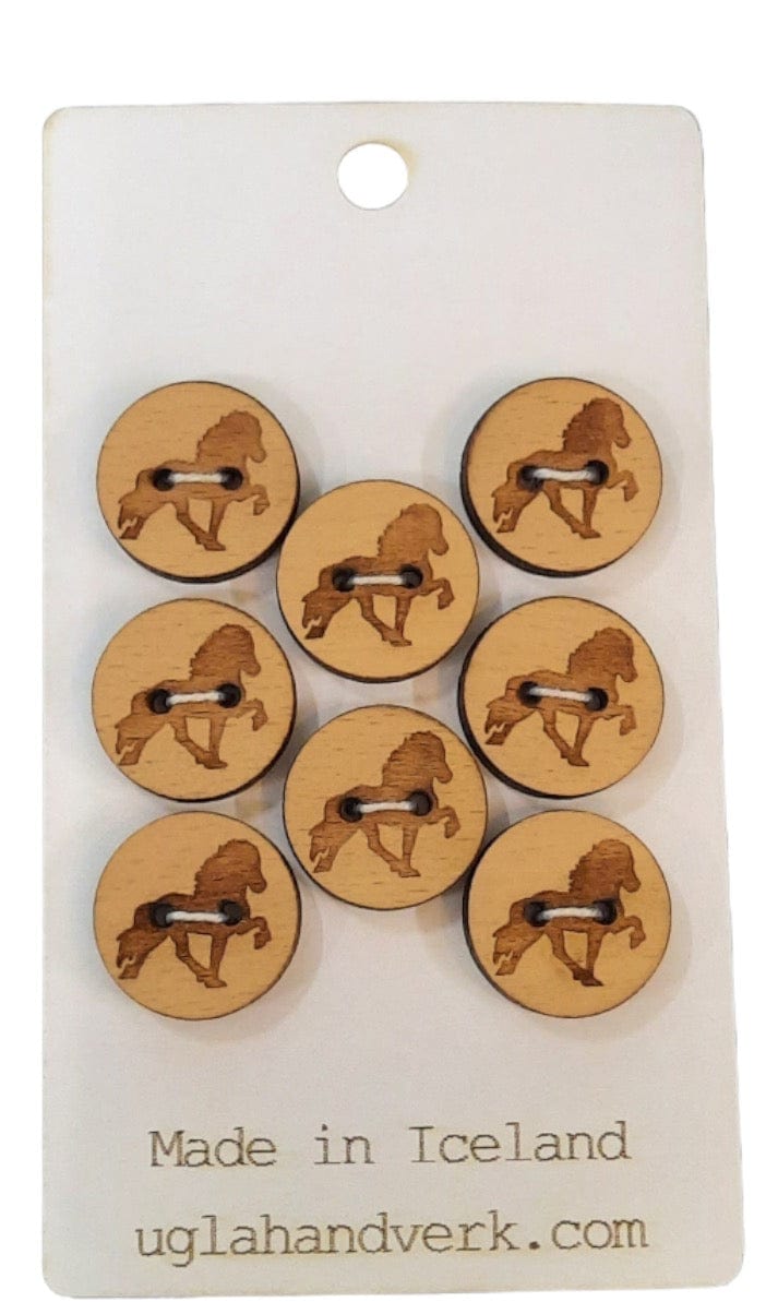 Handmade Wooden buttons. Laser Engraved with horses from Iceland. Icelandic design